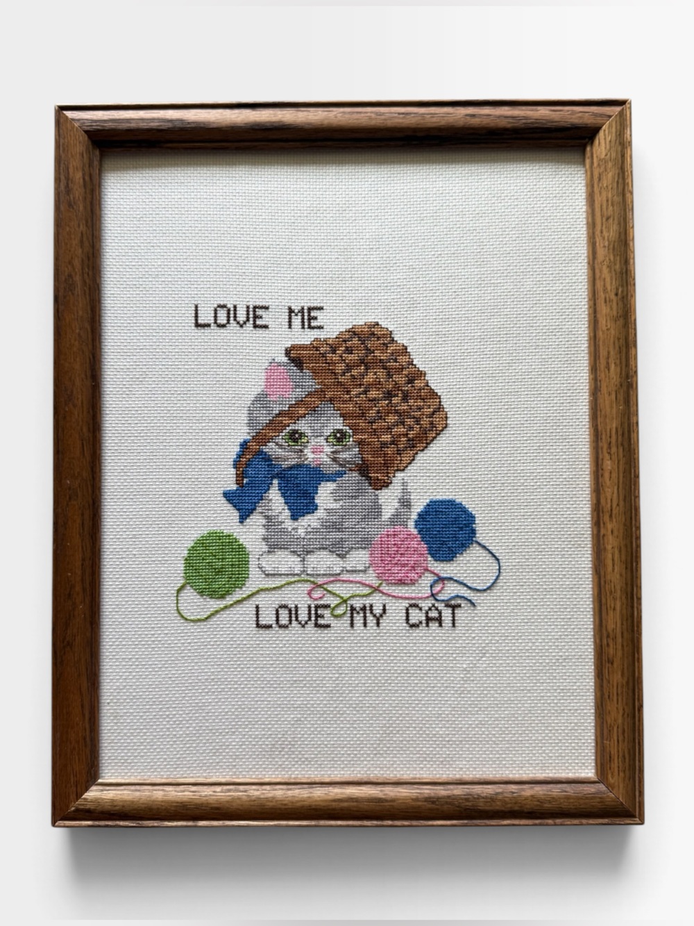 Vintage Framed Cat Cross Stitch "Love Me Love My Cat" Kittens Yarn Wall Art